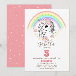 Coral Rosa Unicorn RainBow Girl Födelsedagskort Inbjudningar