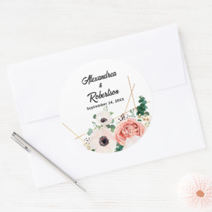 Coral Rosa Watercolor Blommigt Bröllop Anpassnings Runt Klistermärke