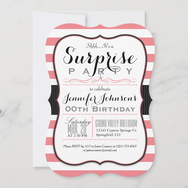 Coral Rosa & White Rand Surprise Party Inbjudningar (Framsida)