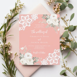 Coral rosa White snöre bröllopsinbjudan