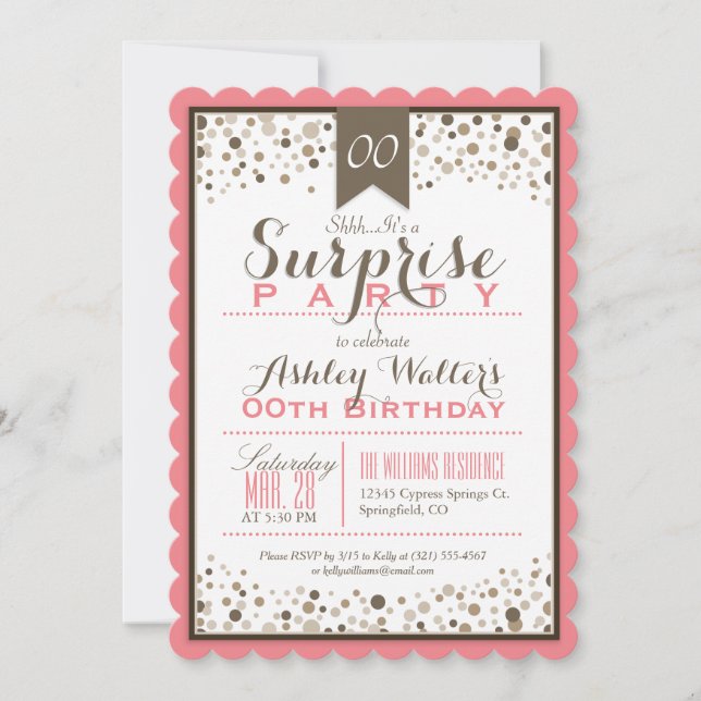 Coral Rosa, White, Taupe Surprise Party Inbjudningar (Framsida)