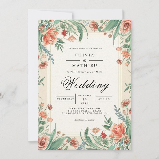 Coral & Sage Blommigt Arch Bröllop Inbjudningar (Framsida)