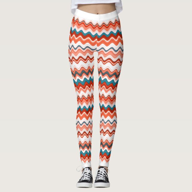 Coral Salmon Orange Blue Vågigt Zigzag Mönster Leggings (Framsida)