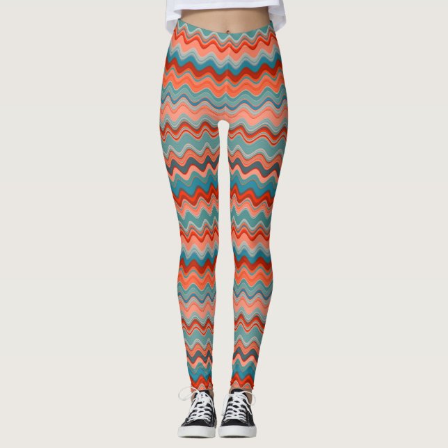 Coral Salmon Orange Teal Vågigt Zigzag Mönster Leggings (Framsida)