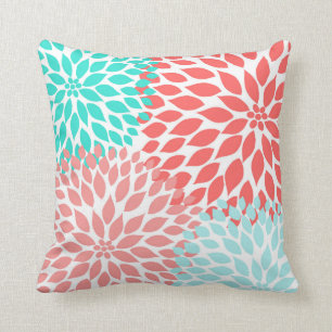 Coral Seafoam Teal Dahlia, modern blommigt-deka Kudde
