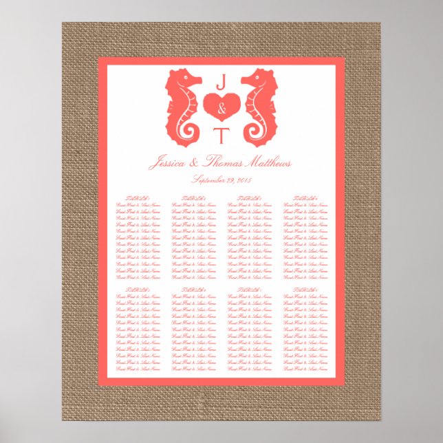 Coral Seahors Burlap Beach WedCollection Poster (Framsidan)