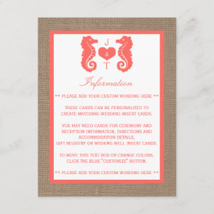 Coral Seahors Burlap Beach WedCollection Tilläggskort