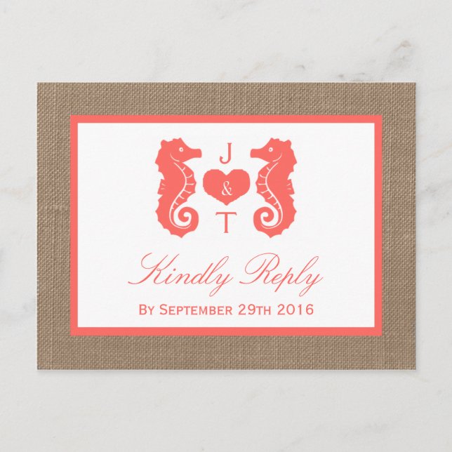 Coral Seahorse Burlap Beach-samlingen Inbjudan Vykort (Framsida)