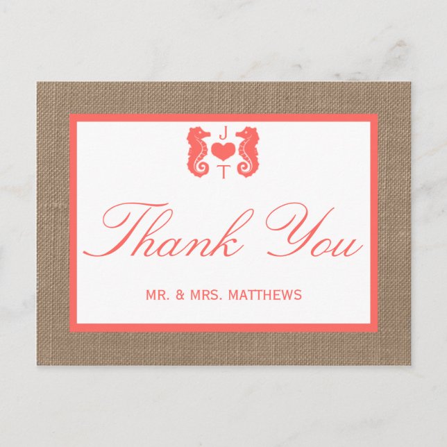 Coral Seahorse Burlap Beach-samlingen Vykort (Framsida)