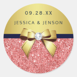 Coral Sequins Guld Navy Diamonds Bow Bröllop Runt Klistermärke