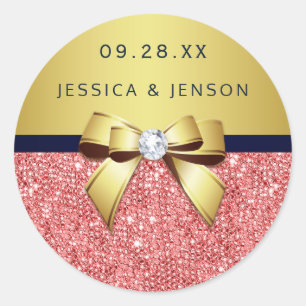 Coral Sequins Guld Navy Diamonds Bow Bröllop Runt Klistermärke