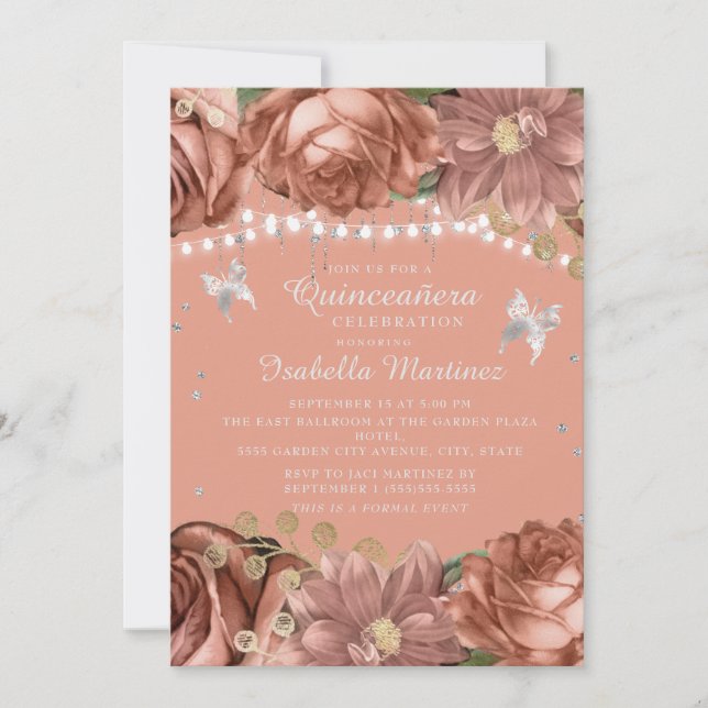 Coral Silver Fjärilar Quinceañera Inbjudan (Framsida)