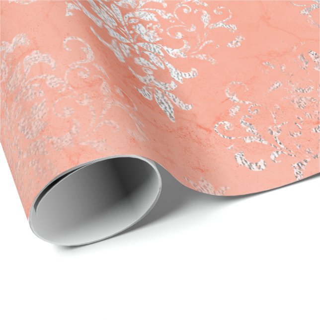 Coral Silver Peach Damask Antonietta Versaille Presentpapper (Rullad Hörn)