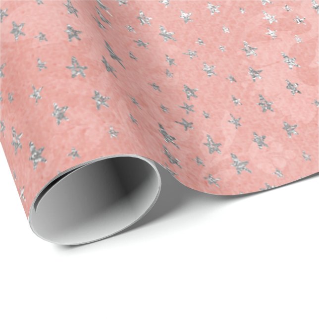 Coral Silver Peach Grått Metallic  Stars Confe Presentpapper (Rullad Hörn)