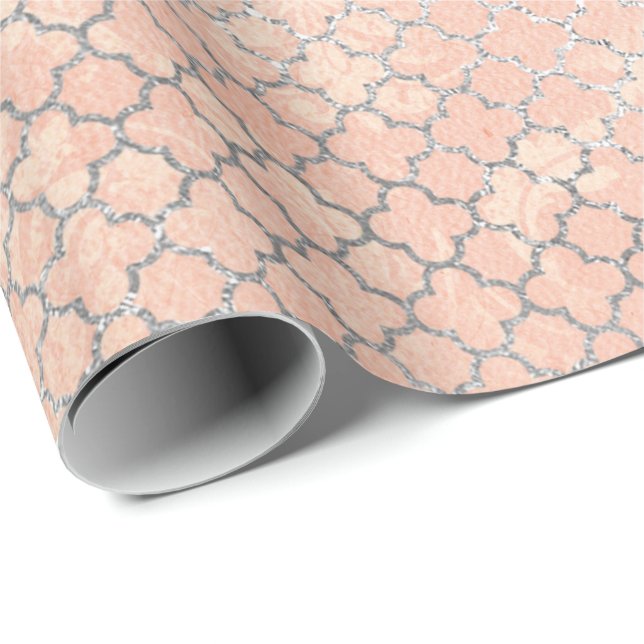 Coral Silver Peach Grått Pastel Metallic Quatrefoi Presentpapper (Rullad Hörn)