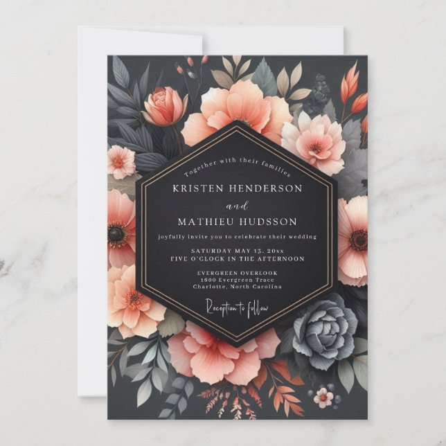 Coral Somber Floral Wedding Inbjudningar (Framsida)