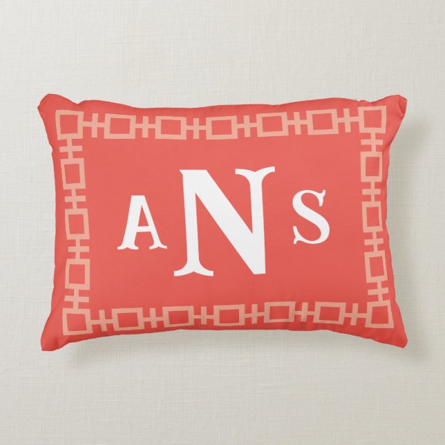 Coral Square Grekiska Nyckel Monogram Prydnadskudde (Framsidan)