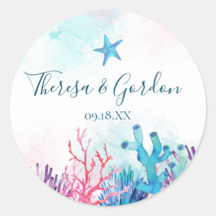 Coral Starfish, Beach Wedding Stickers Runt Klistermärke