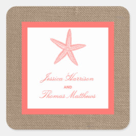 Coral Starfish Burlap Beach-samlingen Fyrkantigt Klistermärke