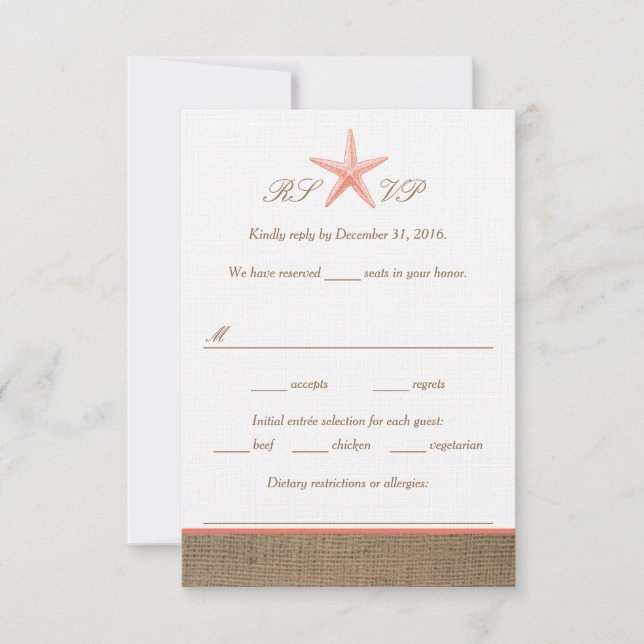 Coral Starfish Burlap Beach Wedding OSA kort (Framsida)