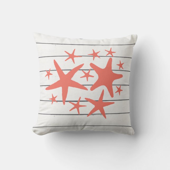 Coral Starfish Shiplap Coastal Beach Pillow Kudde (Framsida)