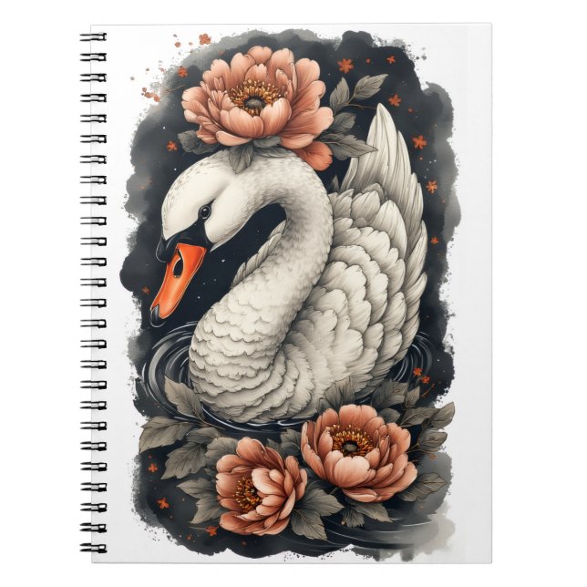 "Coral Swan" Floral Art Spiral Notebook Anteckningsbok (Framsidan)