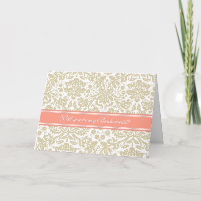 Coral Tan Damask Bridesmaid-inbjudan Inbjudan (Framsida)