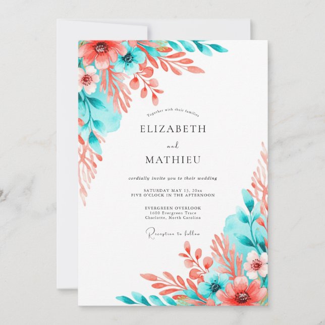 Coral Teal Artistic Bloom Wedding Inbjudningar (Framsida)