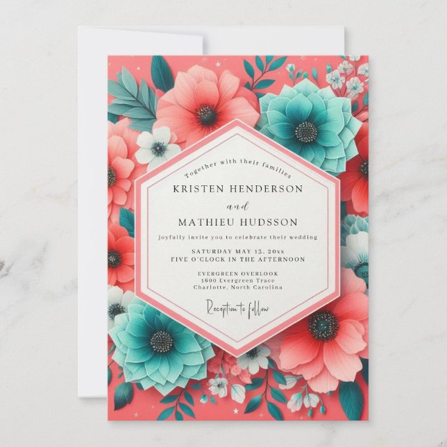 Coral Teal Bloom Romance Wedding Inbjudningar (Framsida)