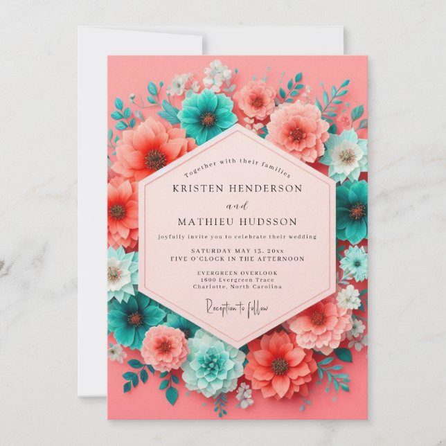 Coral Teal Bloom Whimsy Wedding Inbjudningar (Framsida)