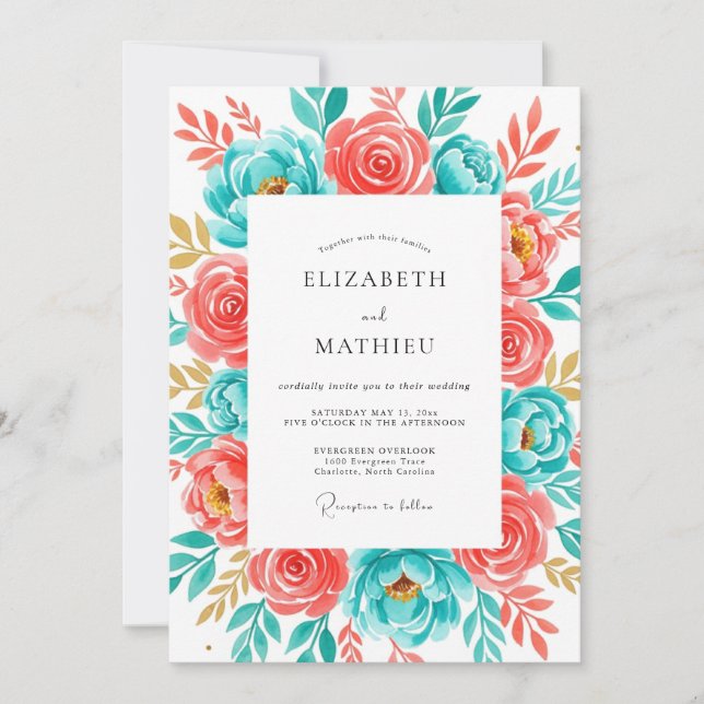 Coral Teal Botanical Bliss Wedding Inbjudningar (Framsida)