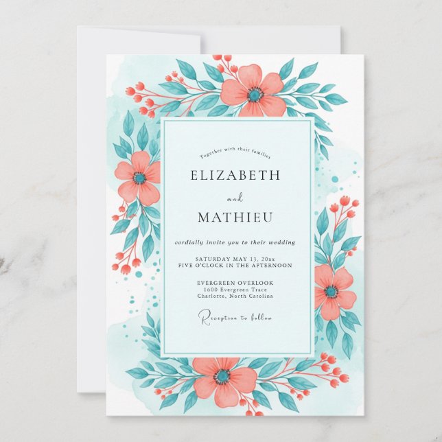 Coral Teal Bright Summer Wedding Inbjudningar (Framsida)