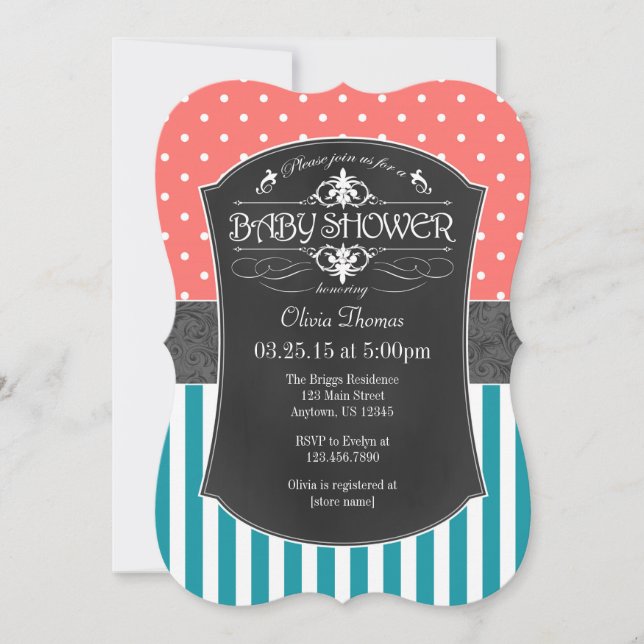 Coral Teal Chalkboard Rand Baby Shower Inbjudan (Framsida)