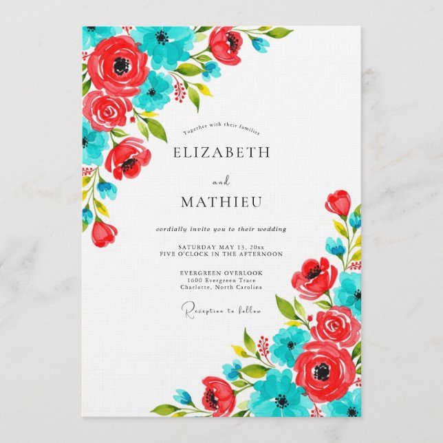Coral & Teal Floral Whimsy Wedding Inbjudningar (Framsida)