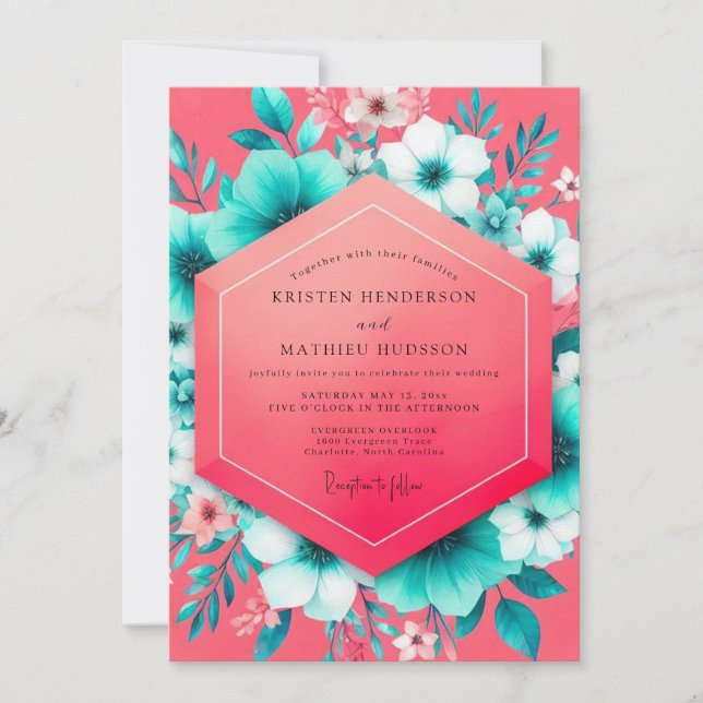Coral Teal Floral Whimsy Wedding Inbjudningar (Framsida)