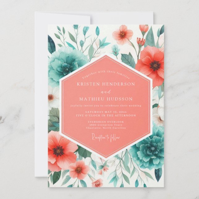 Coral Teal Painterly Poppy Wedding Inbjudningar (Framsida)