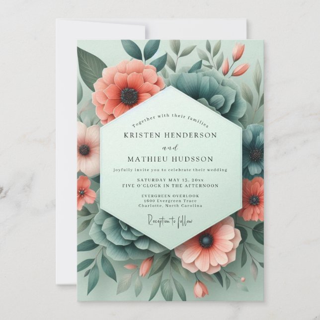 Coral Teal Somber Flora Wedding Inbjudningar (Framsida)