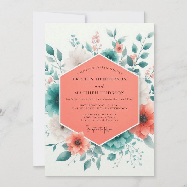 Coral Teal Spring Bloom Wedding Inbjudningar (Framsida)