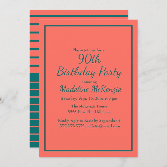 Coral Teal Striped 90th Birthday Party Invite Inbjudningar (Fram/baksida)