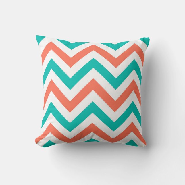 Coral, Teal, White Large Chevron ZigZag Mönster Kudde (Framsida)