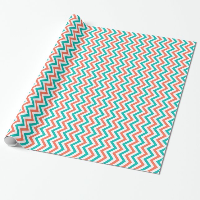 Coral, Teal, White Large Chevron ZigZag Mönster Presentpapper (Utrullad)