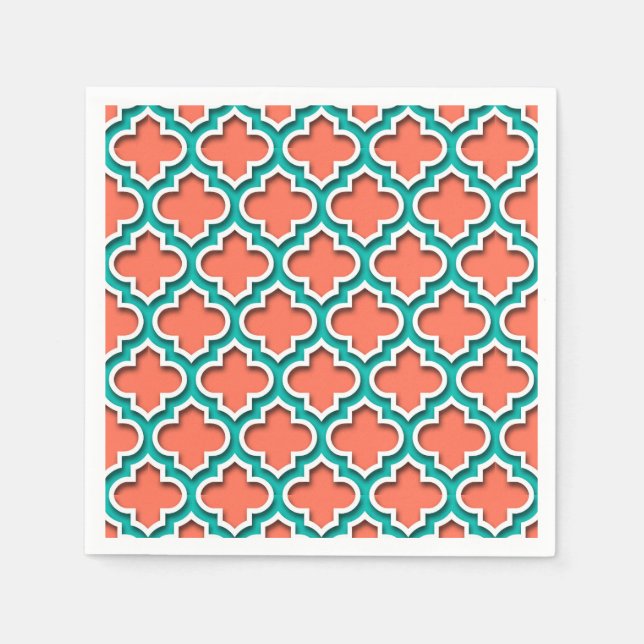 Coral Teal White Moroccan Quatrefoil #5DS Pappersservett (Framsidan)
