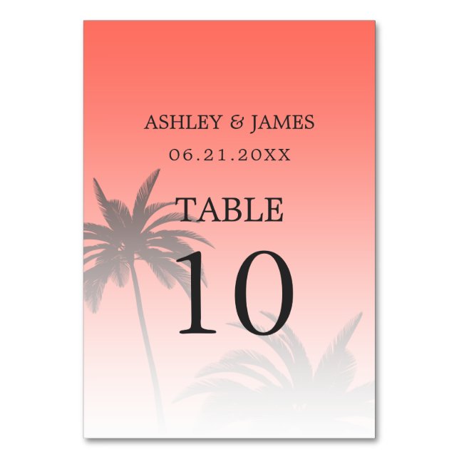 Coral Tropical Handflatan Träd Beach Wedding Bordsnummer (Baksidan)
