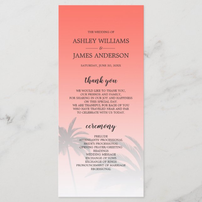 Coral Tropical Handflatan Träd Beach Wedding Program (Framsida)