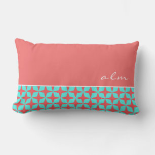 Coral & Turcouise Atomic Mönster   Monogram Lumbarkudde