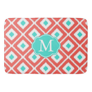 Coral, Turkos, White Ikat Diamond Mönster Badrumsmatta