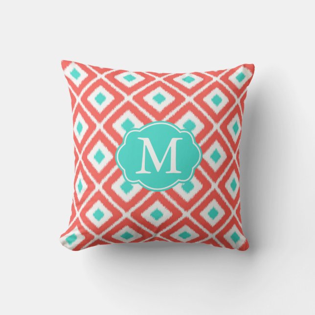 Coral, Turkos, White Ikat Diamond Mönster Kudde (Framsida)