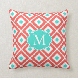 Coral, Turkos, White Ikat Diamond Mönster Kudde