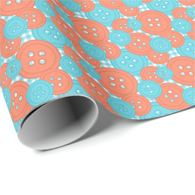 Coral Turq Knappar Gingham - Hantverk & Syaroom Presentpapper (Rullad Hörn)