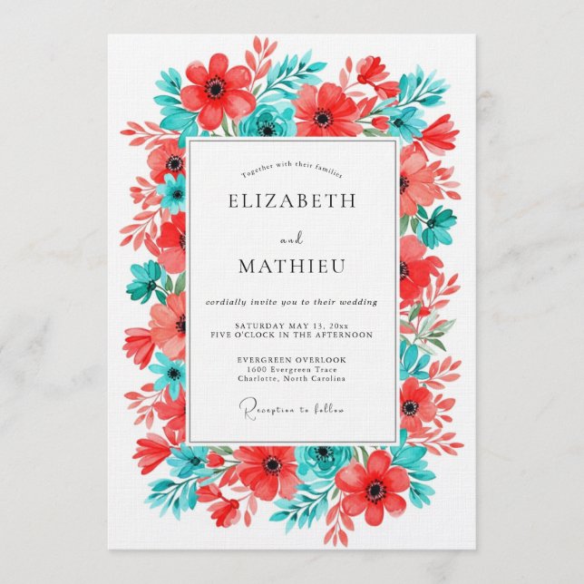 Coral Turquoise Floral Bloom Wedding Inbjudningar (Framsida)